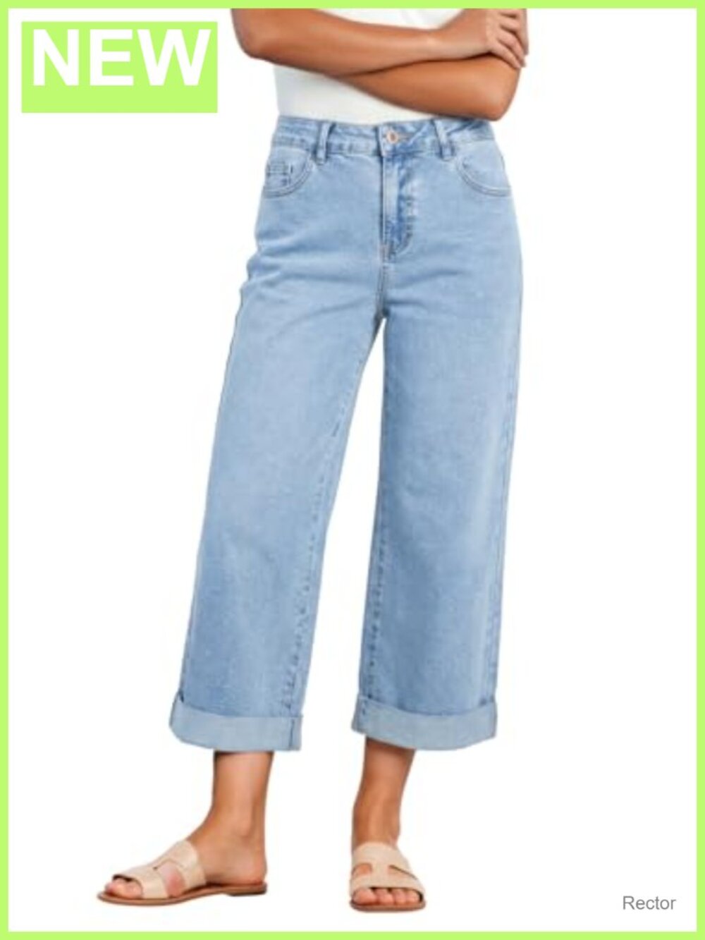 Wide Leg Capri Jeans Women High Waisted Stretchy Rolled Hem Denim